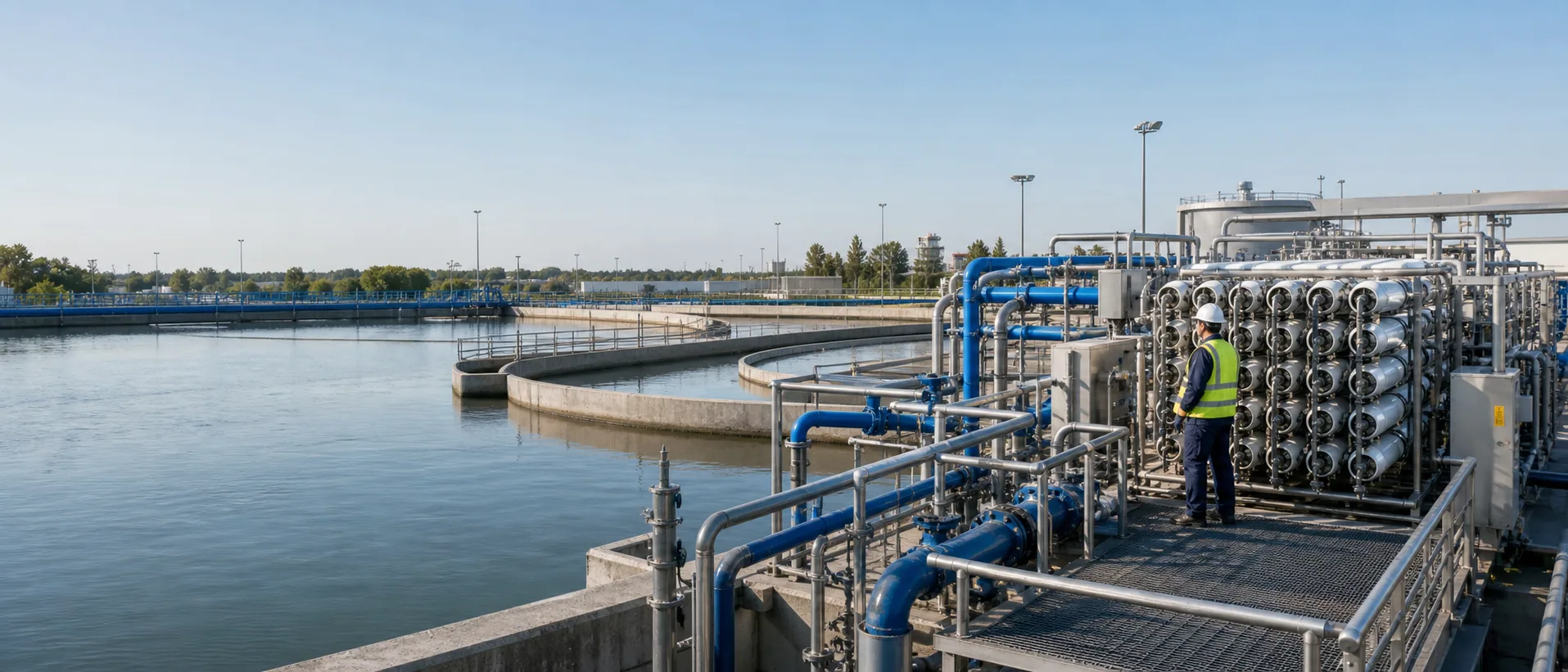 Operator inspecting membrane filtration equipment at a modern water treatment facility