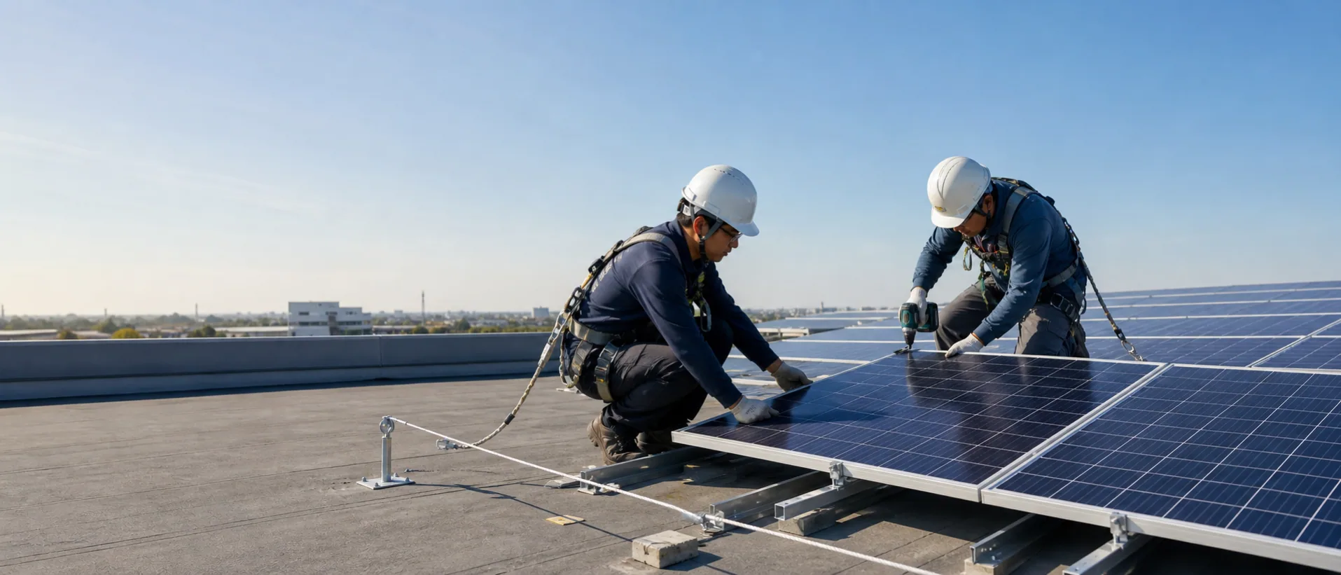 Installers securing photovoltaic modules on a commercial rooftop