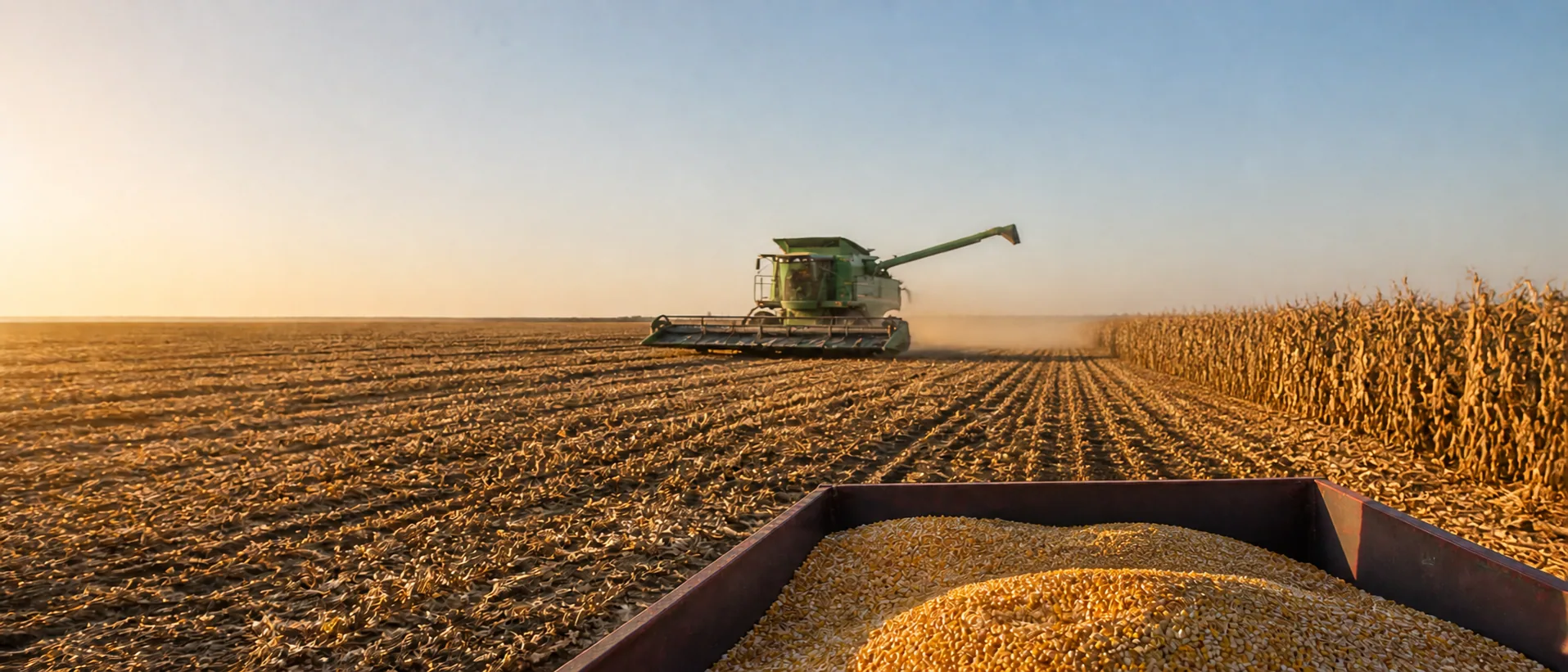 Combine harvester working through a mature corn field beside a filled grain trailer