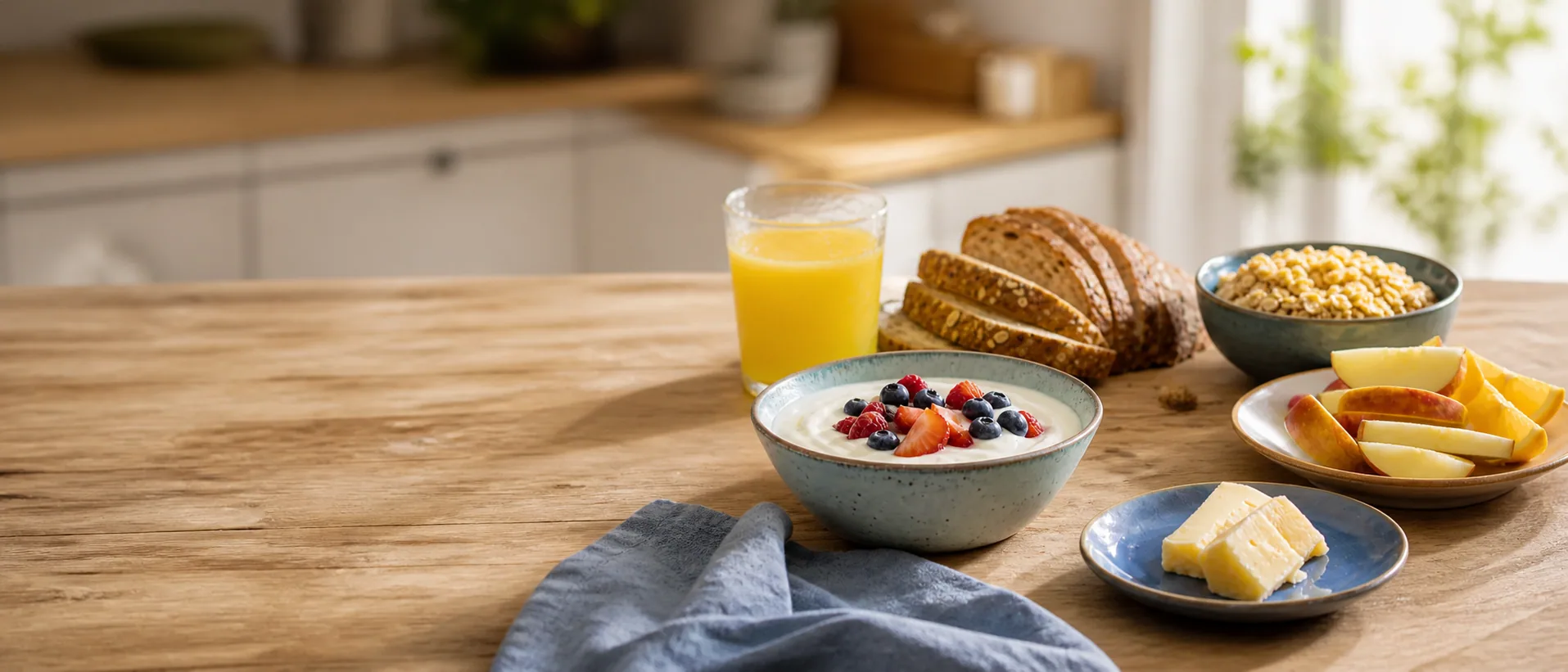 Balanced breakfast foods including yogurt, berries, oats, whole grains, fruit and dairy