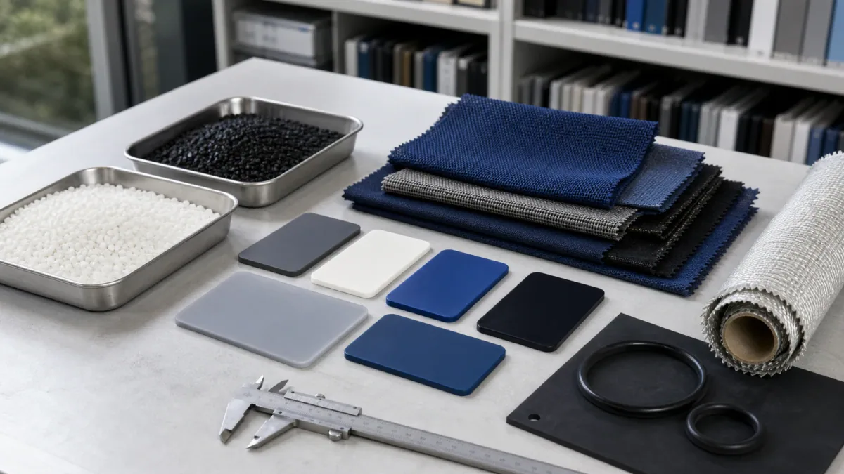 Engineering-plastic, technical-textile, fiber and elastomer material samples