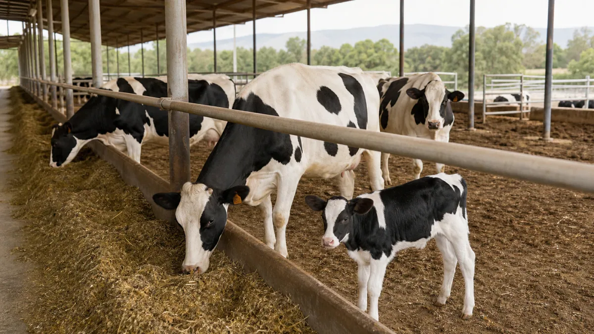Healthy dairy cattle and a calf at a modern livestock farm
