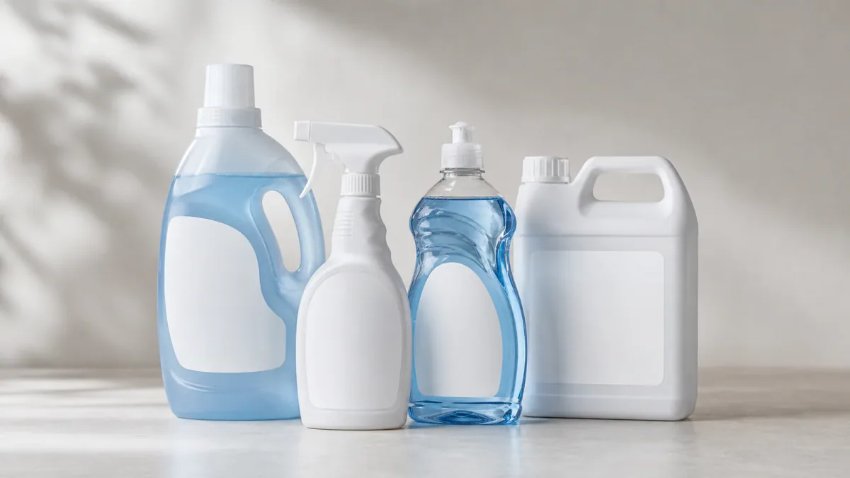 Home-care and industrial-cleaning products in realistic consumer and professional packaging